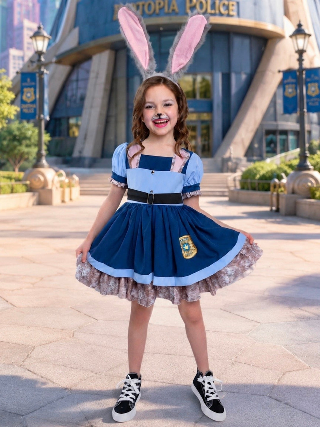 Girl wearing a Heroic Bunny Officer Halloween costume dress with bunny ears.