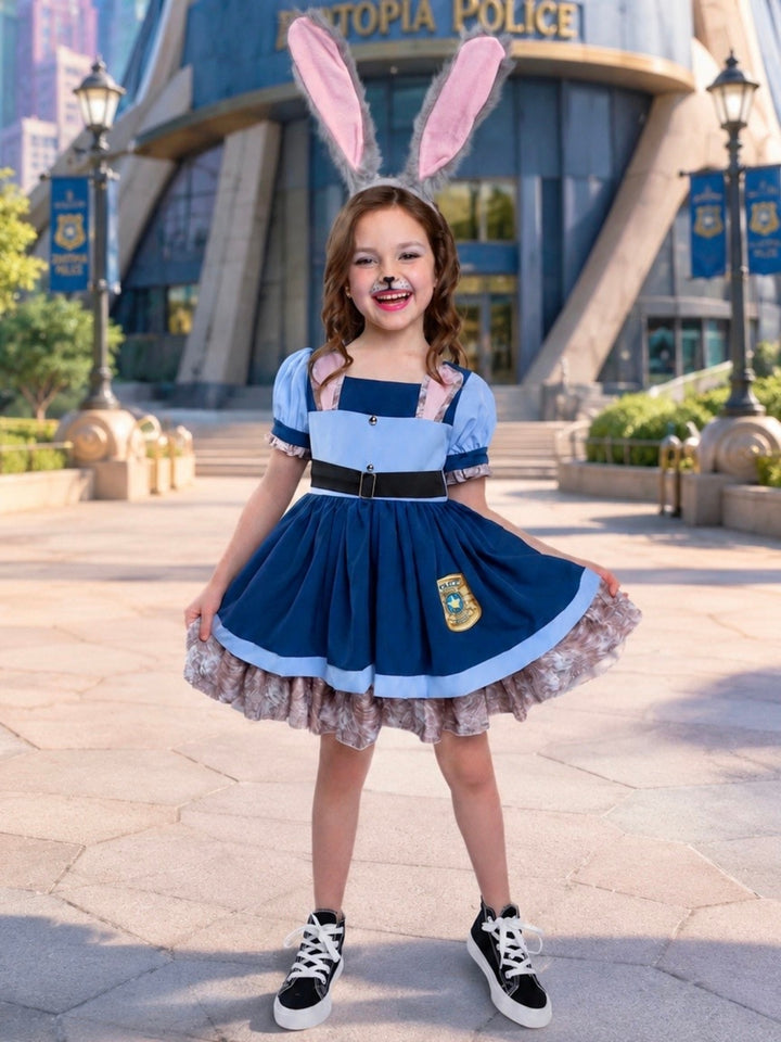 Girl wearing a Heroic Bunny Officer Halloween costume dress with bunny ears.