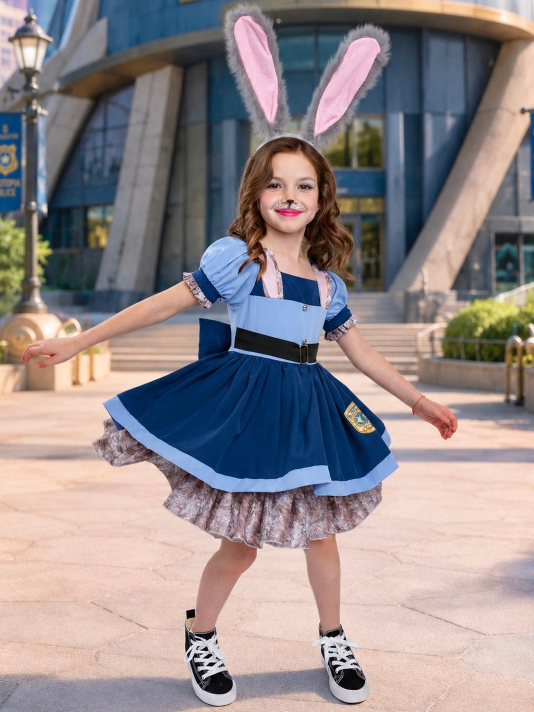 Toddler girl wearing a blue bunny officer costume dress with adorable uniform details.