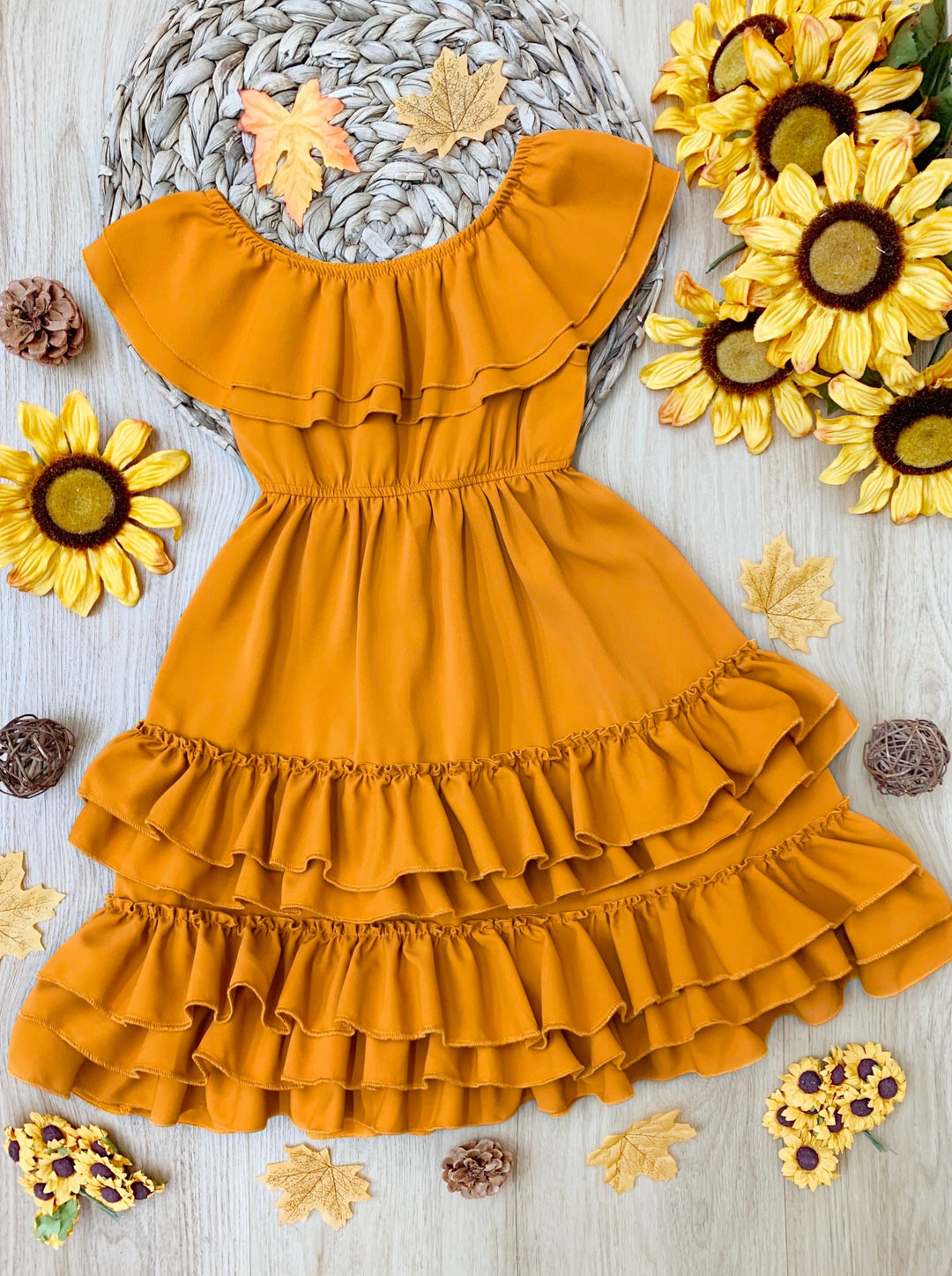 Little Girls Fall Boho Marigold Tiered Ruffle Dress - Mia Belle Girls