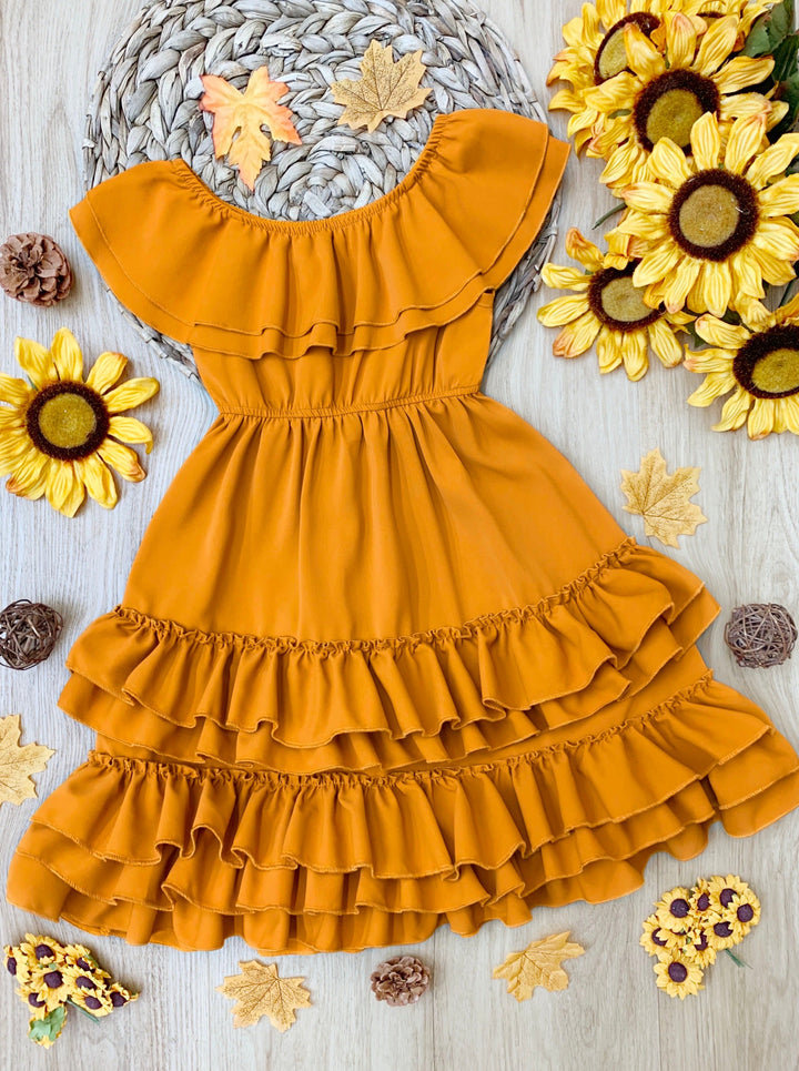 Little Girls Fall Boho Marigold Tiered Ruffle Dress - Mia Belle Girls