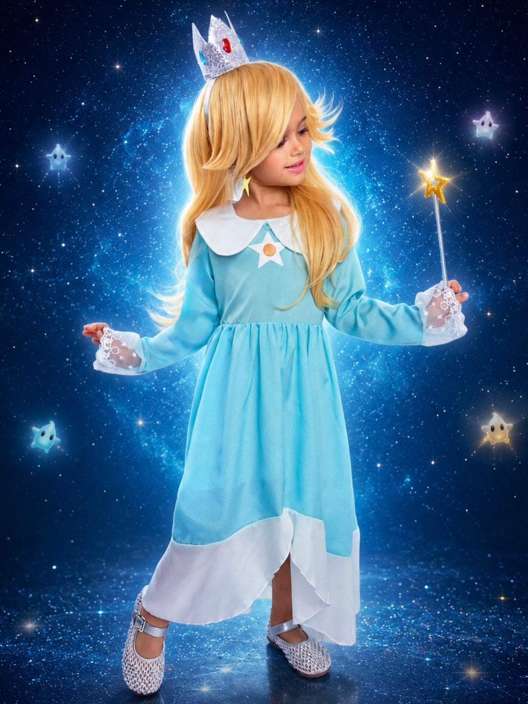 Blue galaxy princess-inspired costume for girls with elegant fairy tale styling.