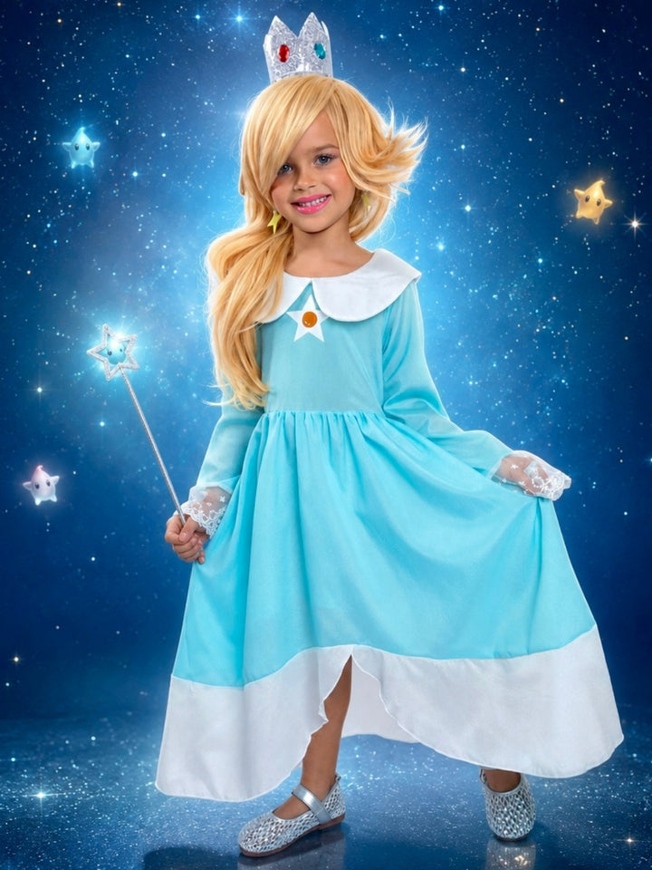 Celestial princess Halloween costume for girls featuring a flowing aqua dress.