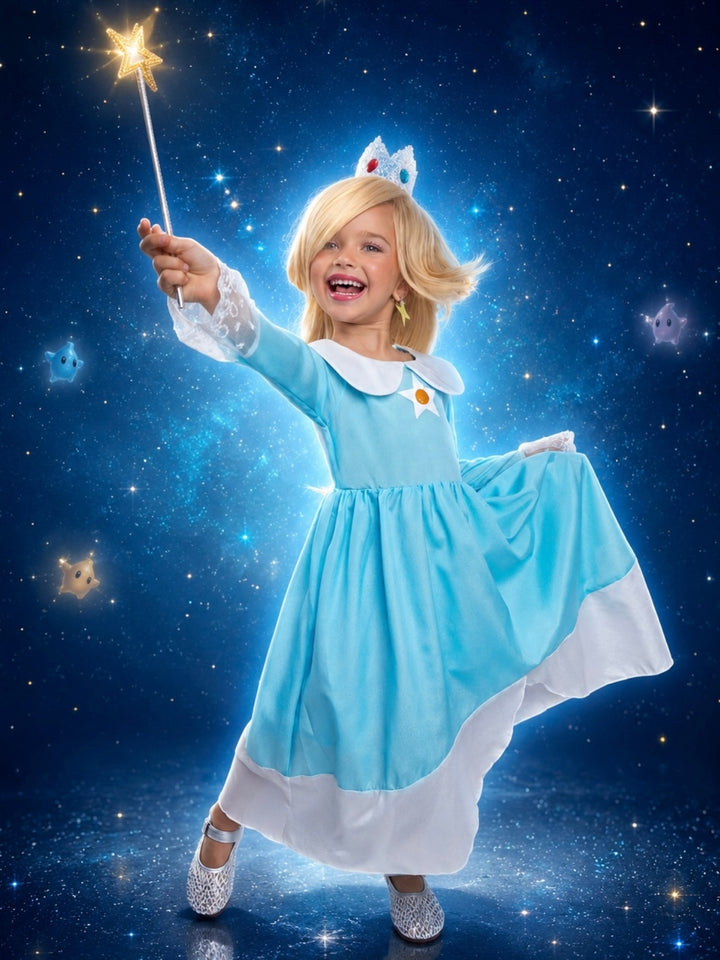Girl wearing a cosmic galaxy princess Halloween costume with an aqua princess dress.