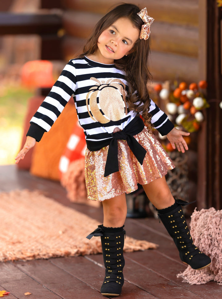 Fall Outfits | Knot Hem Top & Sequin Skirt Set | Cute Fall Girls Sets