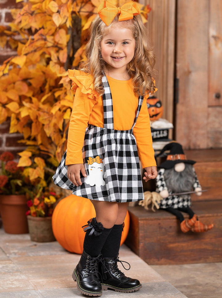 Girls Halloween Apparel | Ghost Overall Skirt Set | Mia Belle Girls