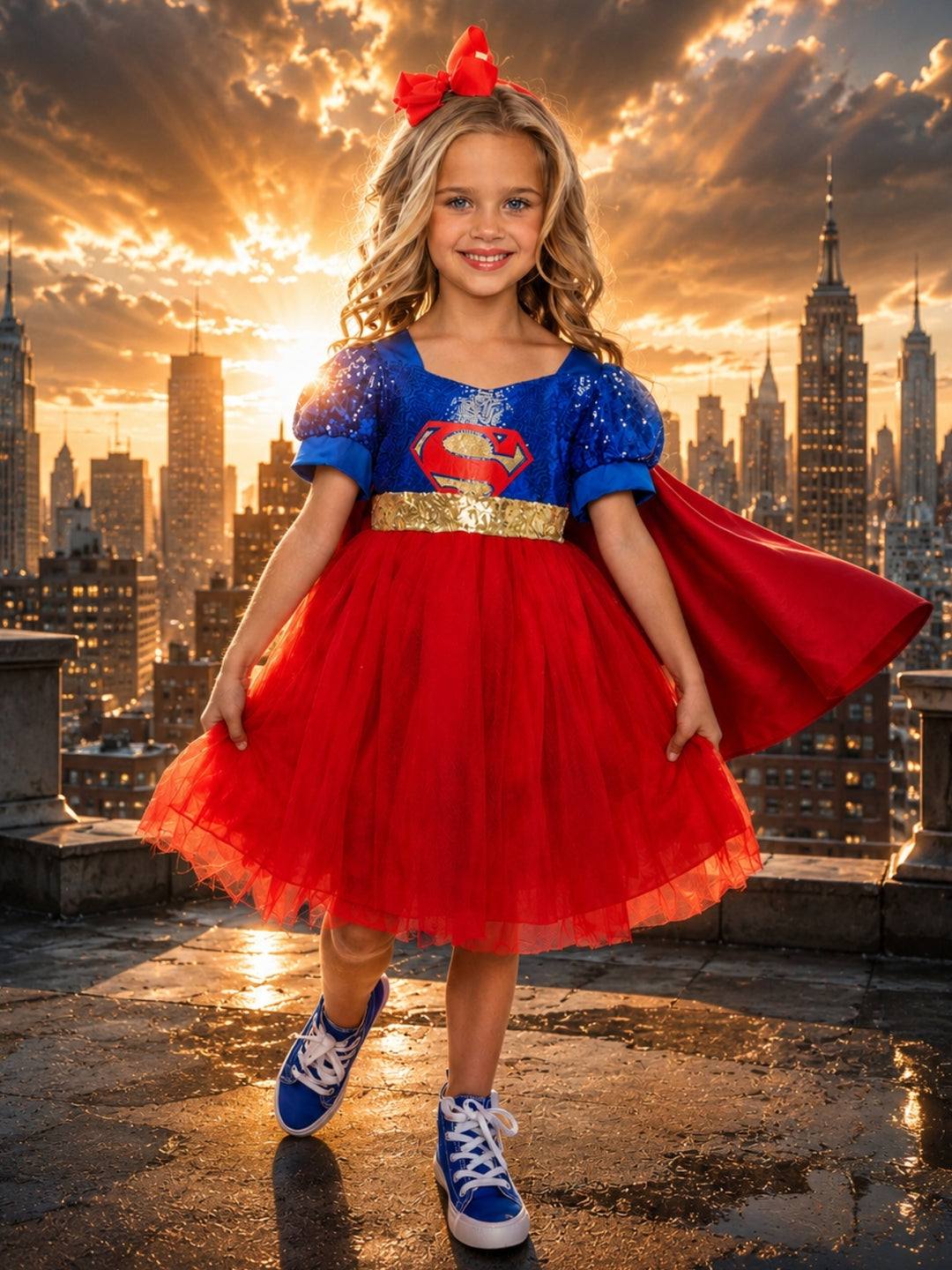 Heroic Halloween costume dress for girls featuring a blue bodice, red tutu skirt, and detachable cape.