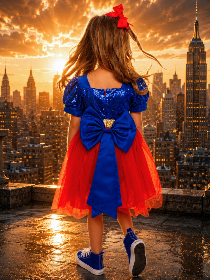 Cute girls Halloween costume with a sparkling blue bodice, red tulle skirt, and blue bow.