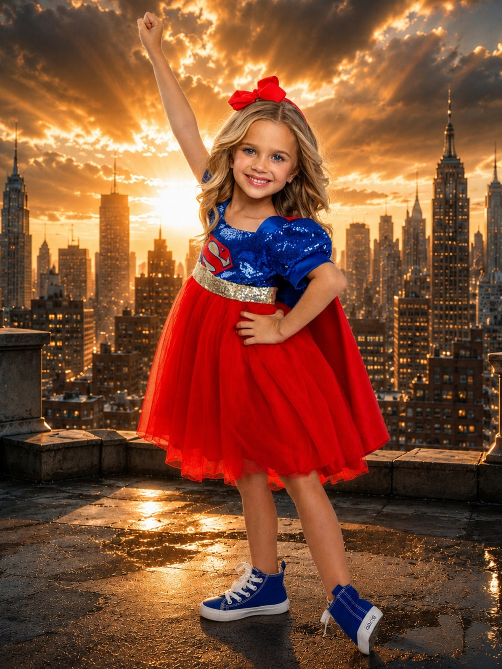 Girl wearing a heroic superhero-inspired Halloween costume dress with a detachable red cape.