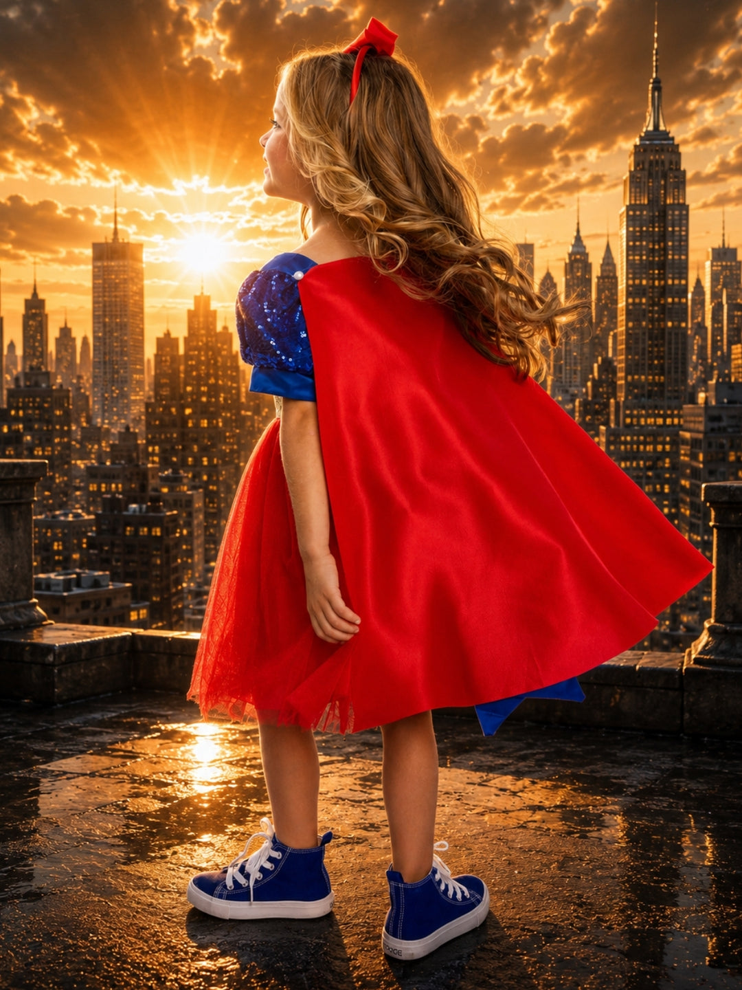 Girls red and blue superhero Halloween costume dress with detachable cape and tulle skirt.