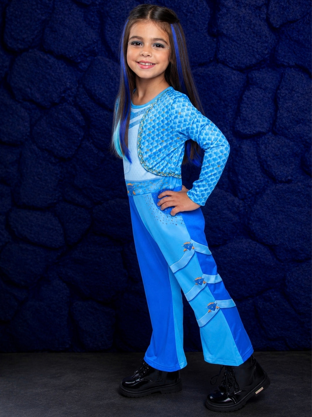 Girls blue royal Halloween costume jumpsuit for trick-or-treating and dress-up adventures.