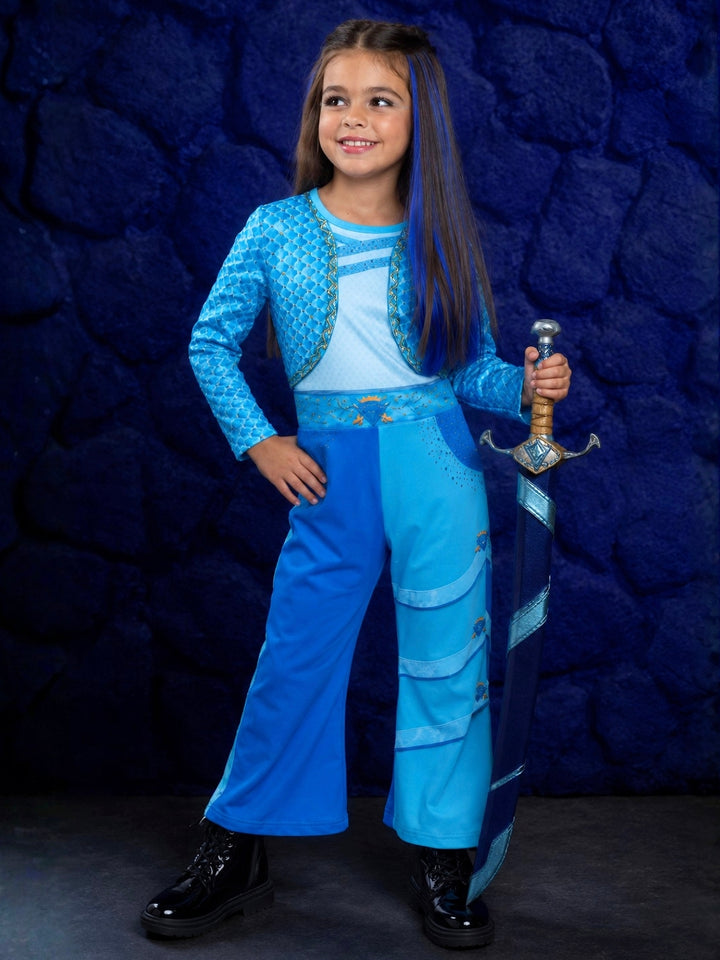 Girl wearing a Royal Blue Storybook Hero Halloween costume jumpsuit with regal-inspired details.