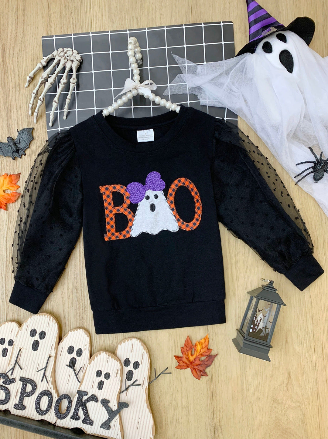 Girls Halloween Tops | Tulle Sleeve Pullover Sweater - Mia Belle Girls