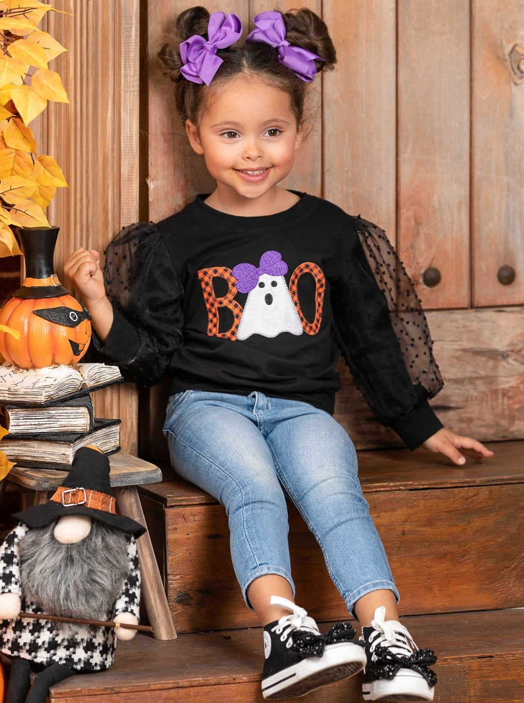 Girls Halloween Tops | Tulle Sleeve Pullover Sweater - Mia Belle Girls