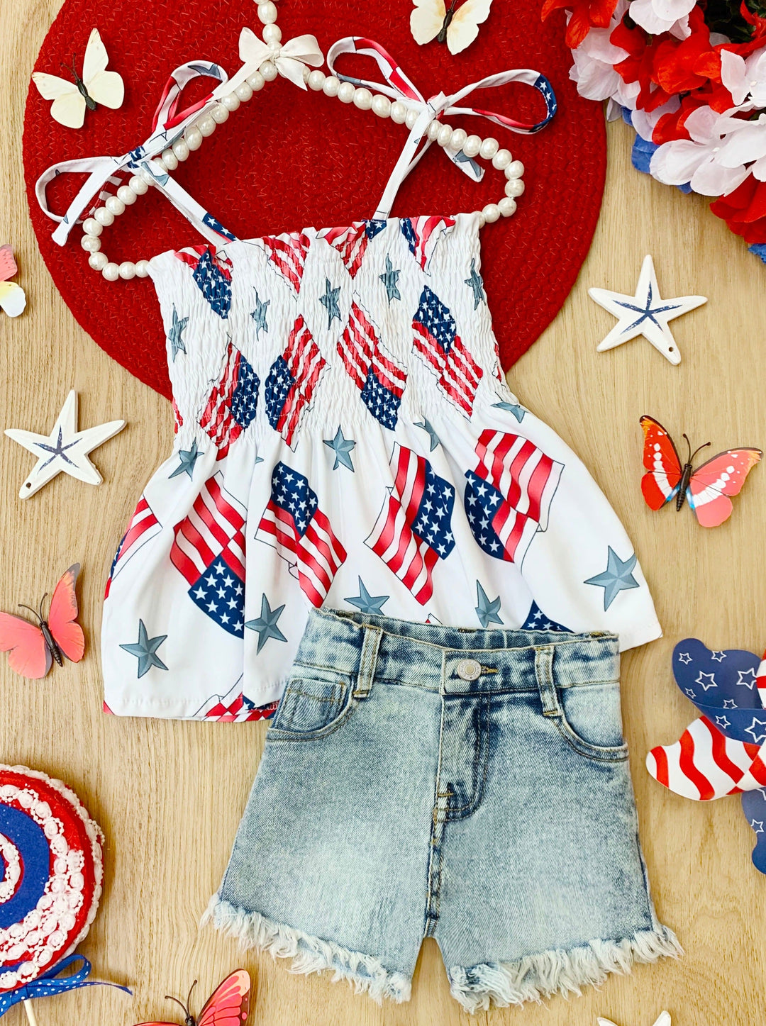 Mia Belle Girls US Flag Smocked Top And Denim Shorts | 4th of July