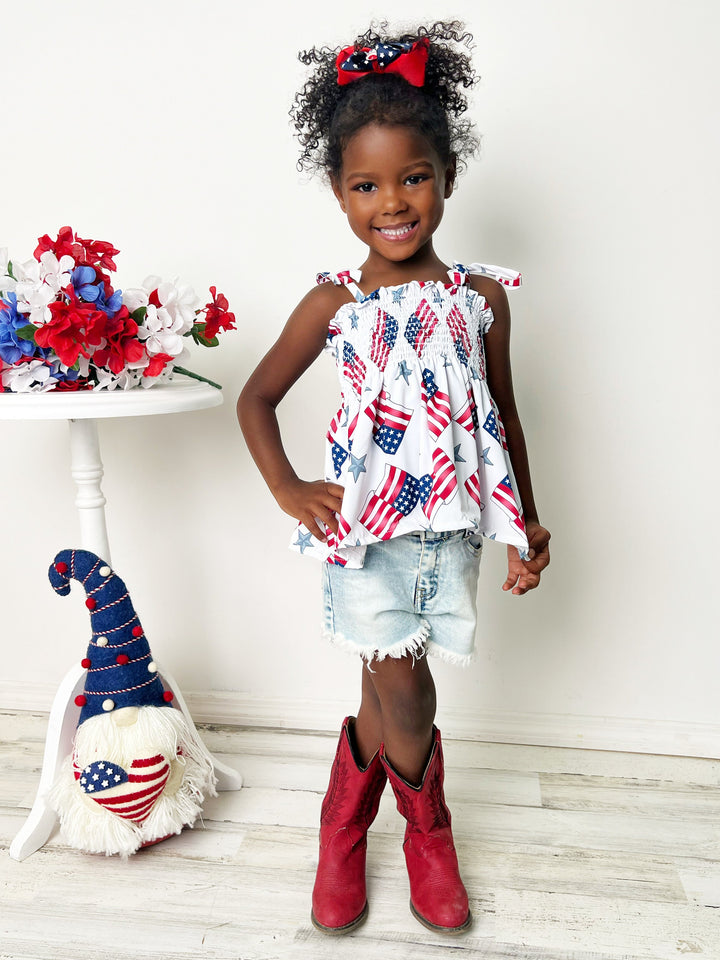 Mia Belle Girls US Flag Smocked Top And Denim Shorts | 4th of July