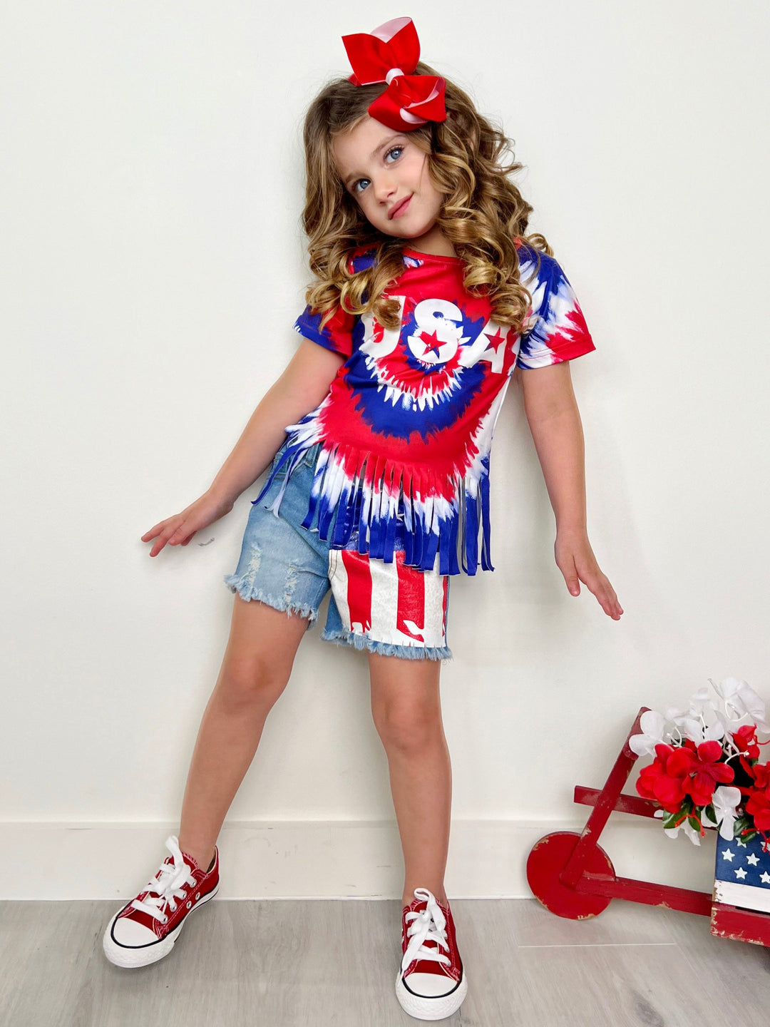 Girls USA Tie Dye Fringe Top And Denim Short Set | 4th Of July Outfits