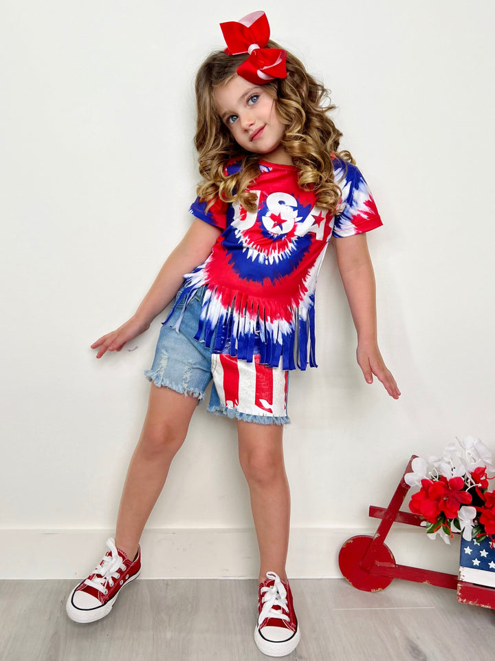 Girls USA Tie Dye Fringe Top And Denim Short Set | 4th Of July Outfits