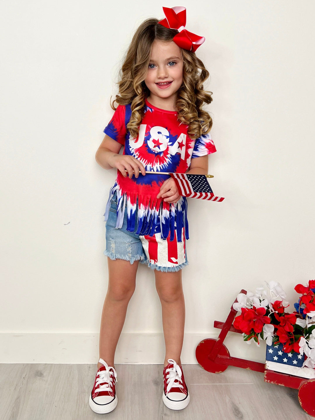 Girls USA Tie Dye Fringe Top And Denim Short Set | 4th Of July Outfits