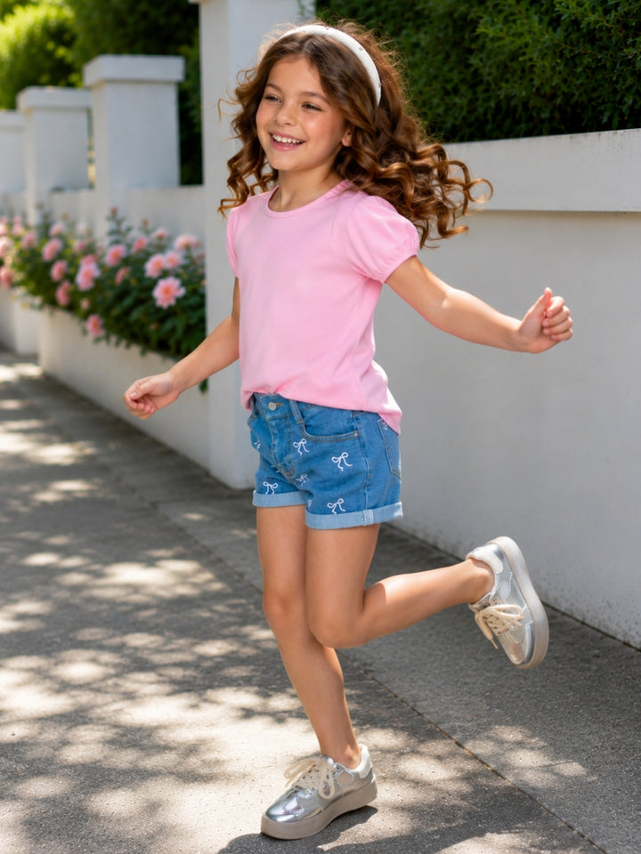 Chic Bow Embroidered Denim Shorts