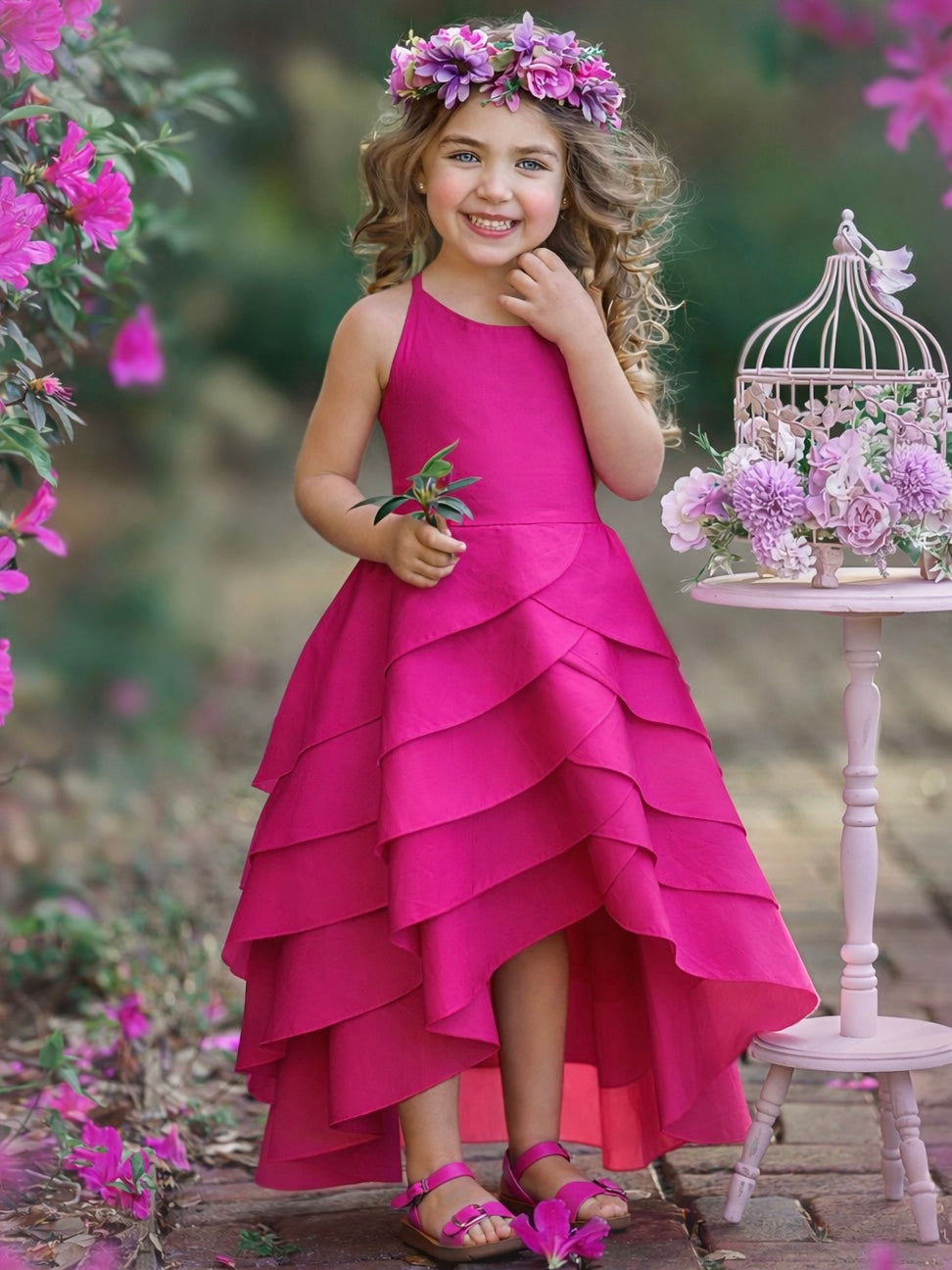 Girls Pretty Petal Sleeveless Layered Ruffle Dress