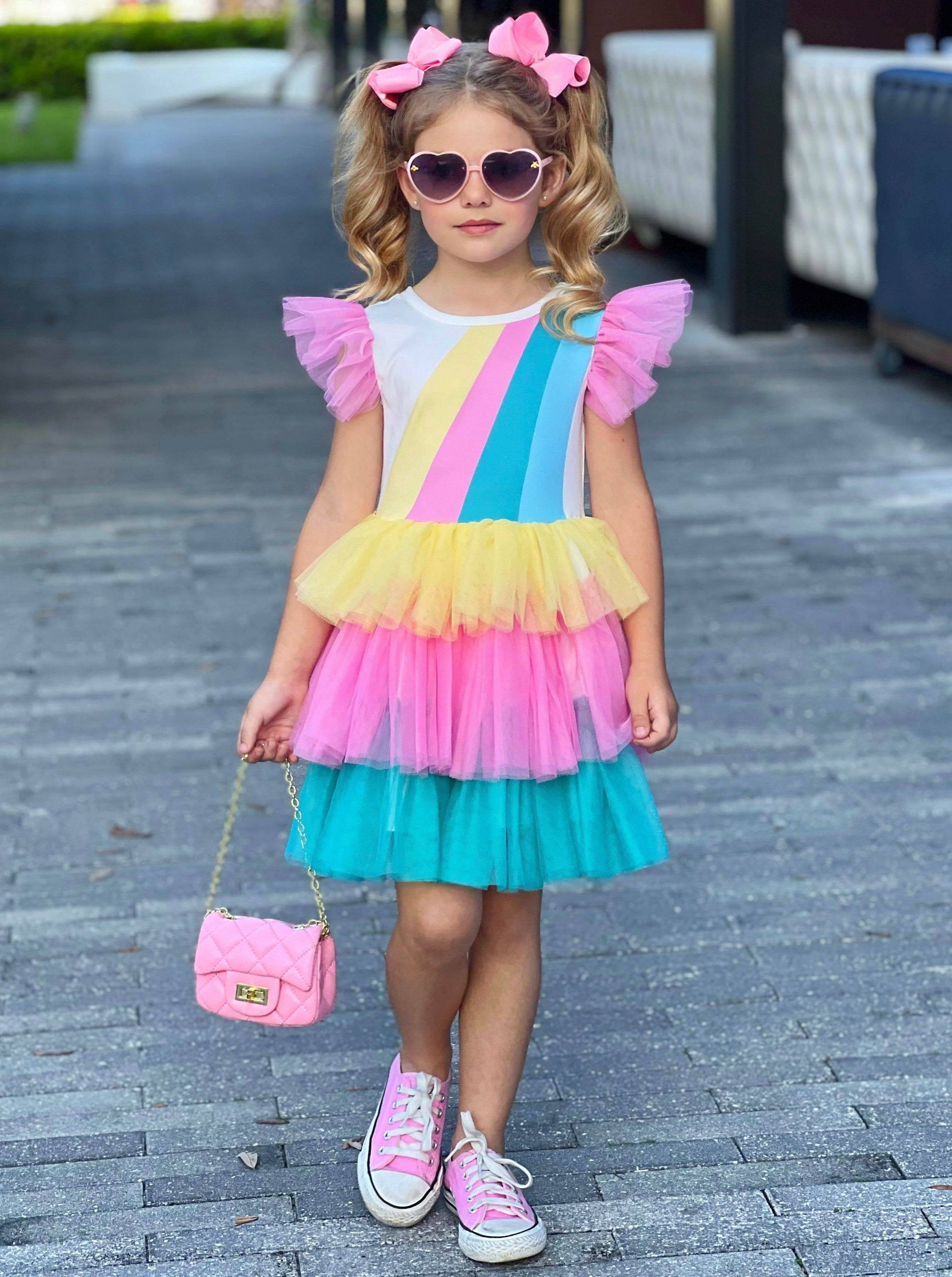 Spring Toddler Outfits | Girls Sleeveless Rainbow Ruffle Tulle Dress  Mia  Belle Girls