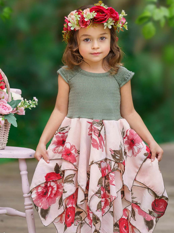 Toddler Spring Dresses | Girls Olive Floral Smocked Handkerchief Dress