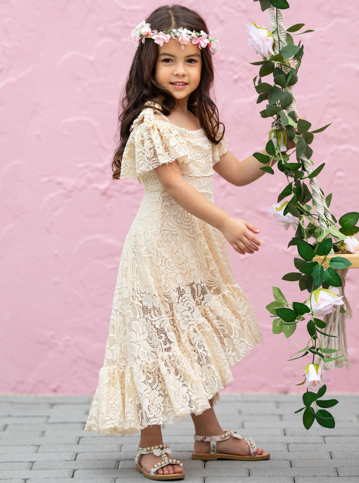 Toddler Spring Dress | Girls Neutral Cold Shoulder Maxi Lace Sundress