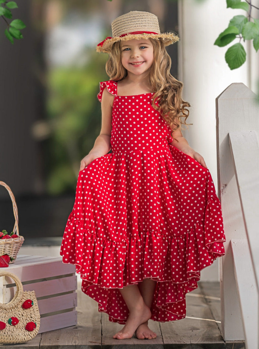 Mia Belle Girls Red Polka Dot Hi-Lo Dress