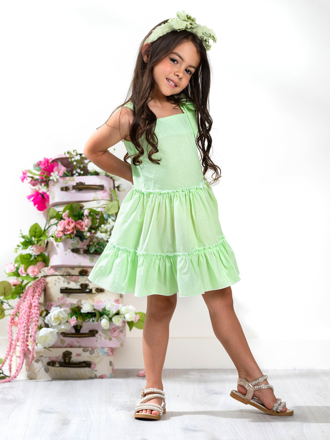 KidsCouture x Mia Belle Girls Green Polka Dot Smocked Dress