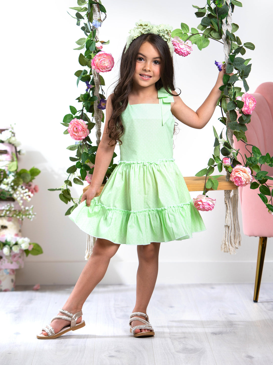 KidsCouture x Mia Belle Girls Green Polka Dot Smocked Dress