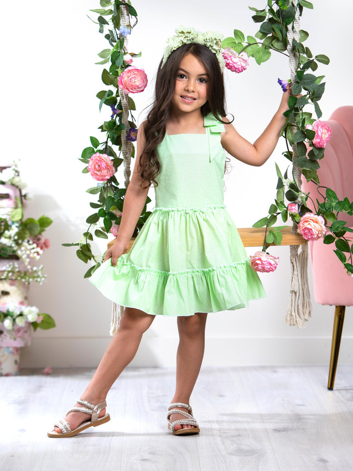 KidsCouture x Mia Belle Girls Green Polka Dot Smocked Dress