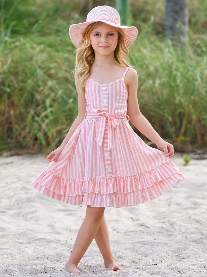 Pink Candy Stripe Button-Up Linen Ruffle Dress
