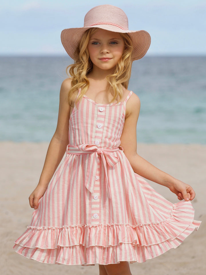 Pink Candy Stripe Button-Up Linen Ruffle Dress
