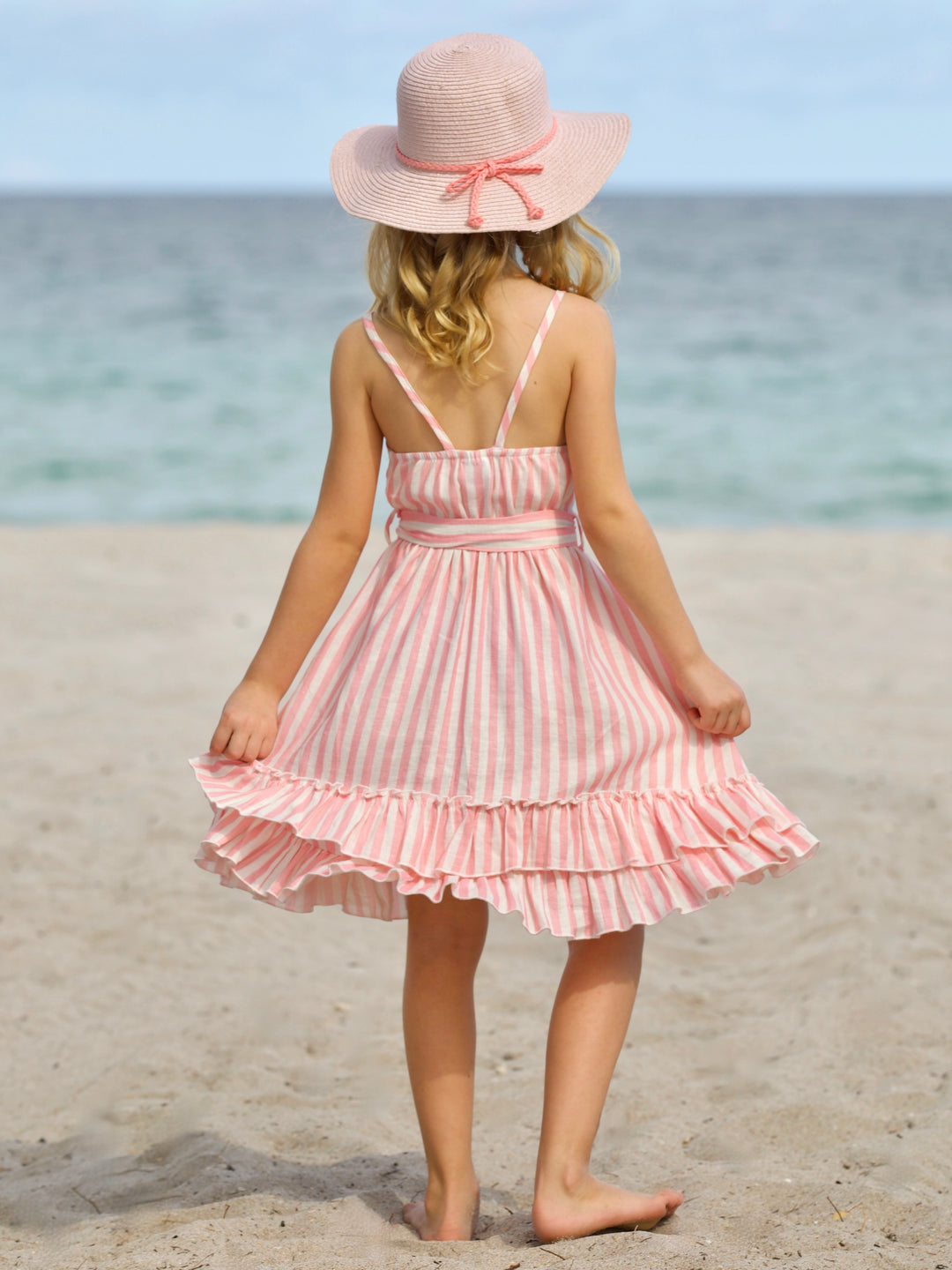 Pink Candy Stripe Button-Up Linen Ruffle Dress