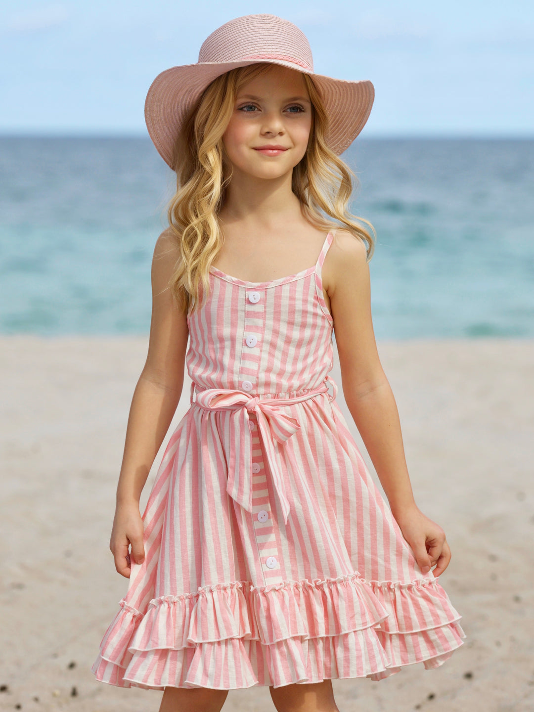 Pink Candy Stripe Button-Up Linen Ruffle Dress