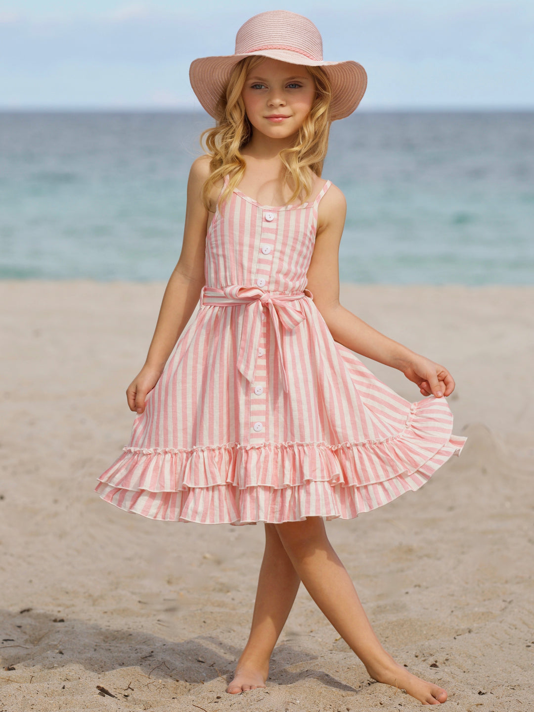 Pink Candy Stripe Button-Up Linen Ruffle Dress