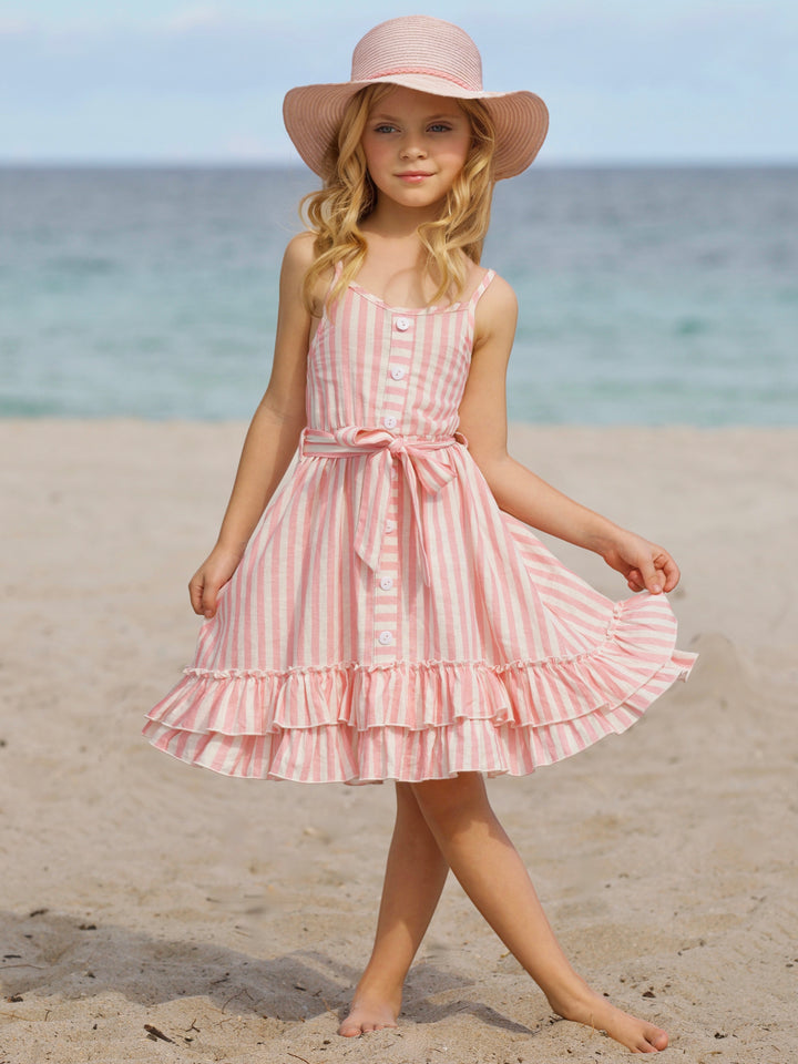Pink Candy Stripe Button-Up Linen Ruffle Dress