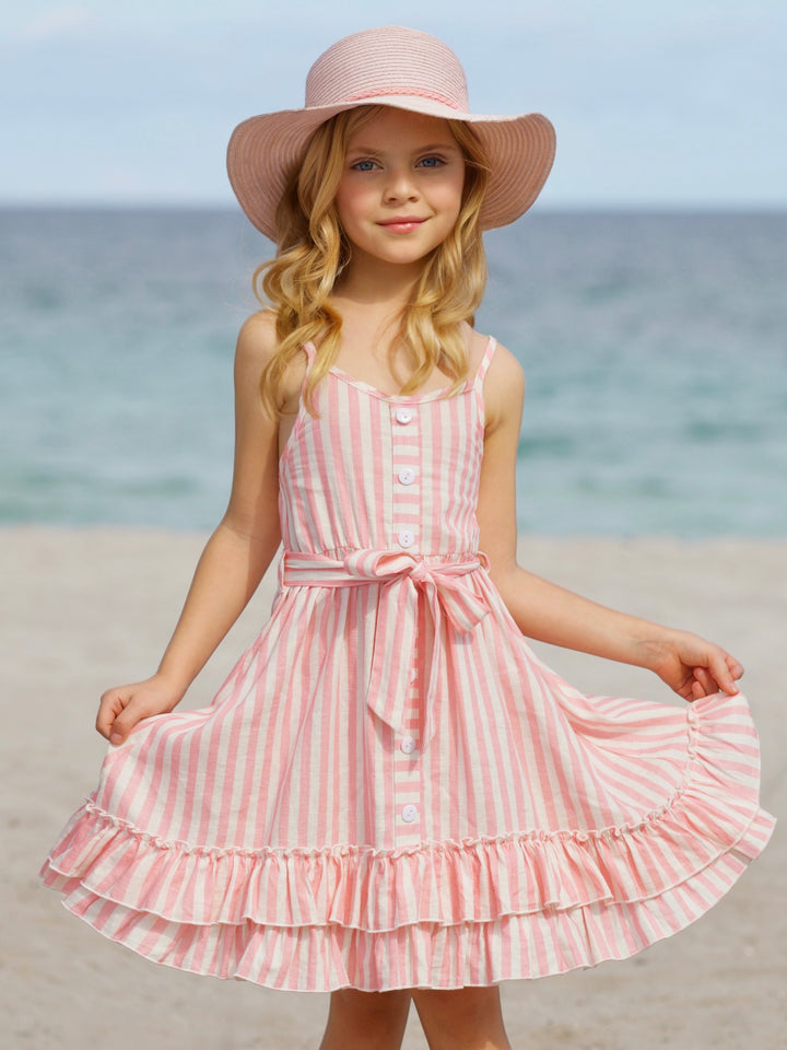 Pink Candy Stripe Button-Up Linen Ruffle Dress