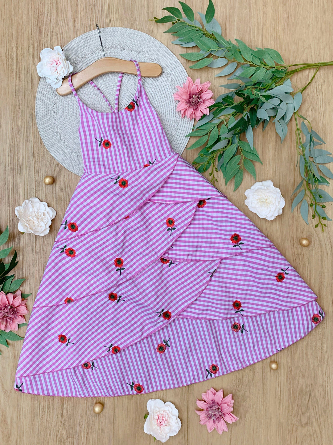 Bloom Gingham Embroidered Floral Ruffle Dress