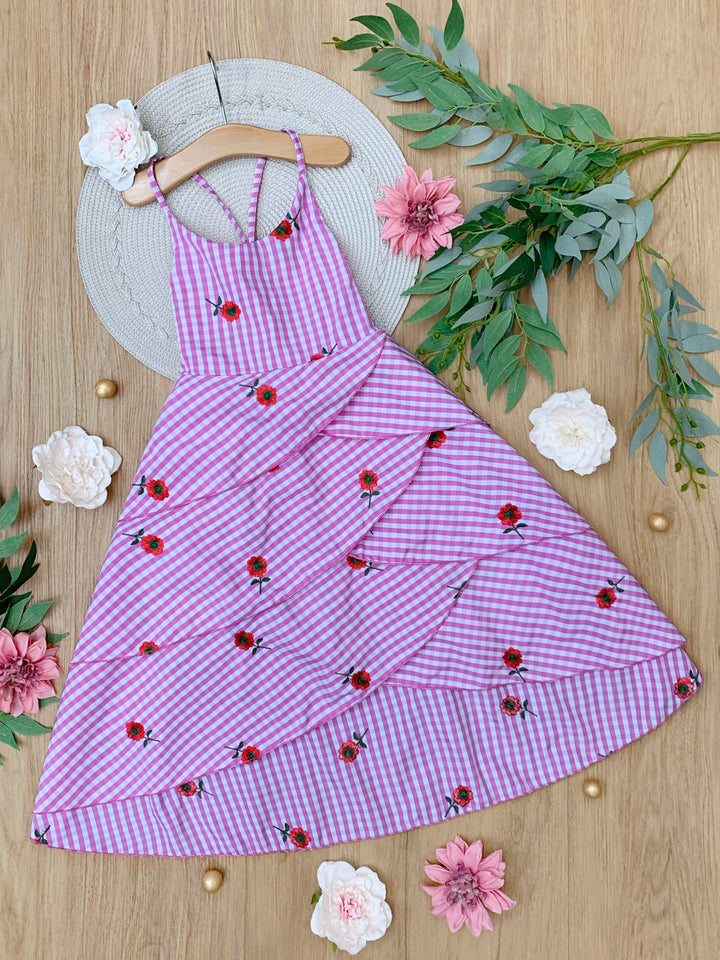 Bloom Gingham Embroidered Floral Ruffle Dress
