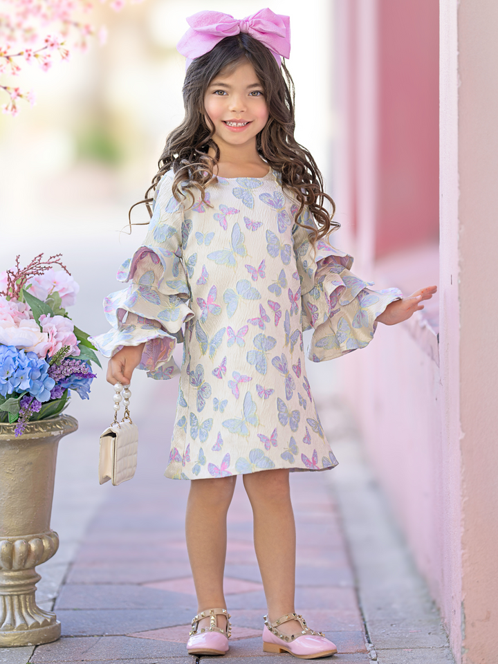 Girls butterfly print ruffle sleeve dress for Easter and spring pictures