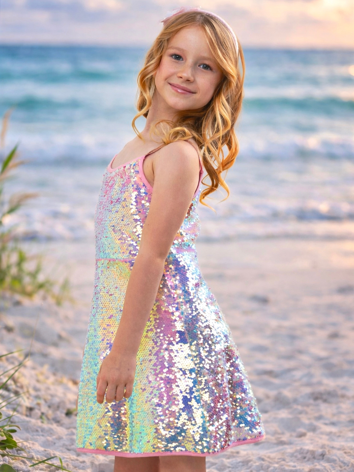 Girl in pastel sequin dress with shimmer for party look