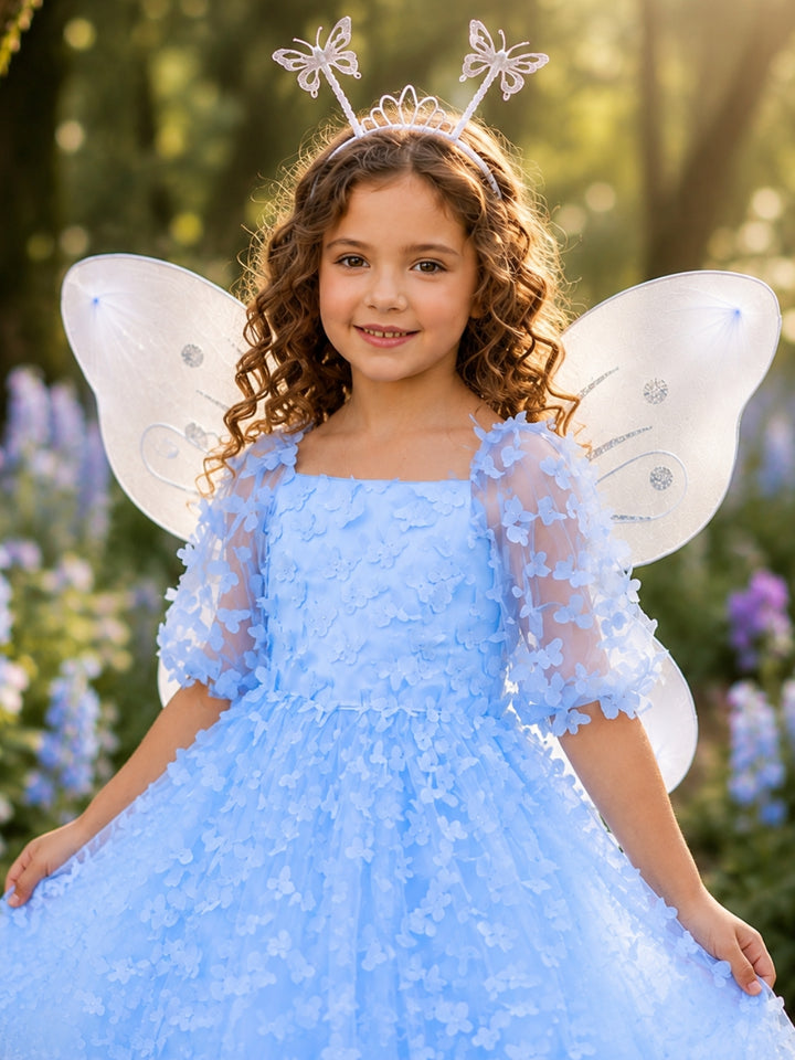 Blue butterfly fairy Halloween costume for girls with sheer puff sleeves and 3D butterfly details.