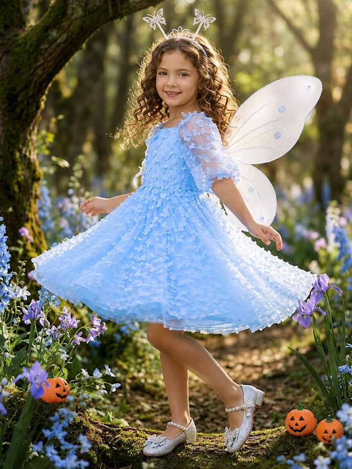 Enchanting blue butterfly costume for girls perfect for trick-or-treating and fairy adventures.