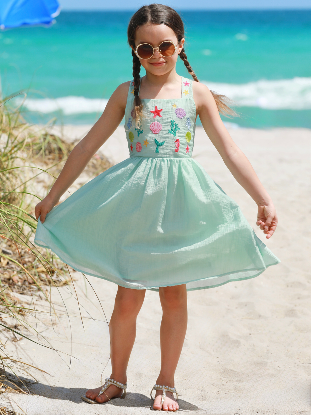 kids ocean themed dress with shells and starfish embroidery