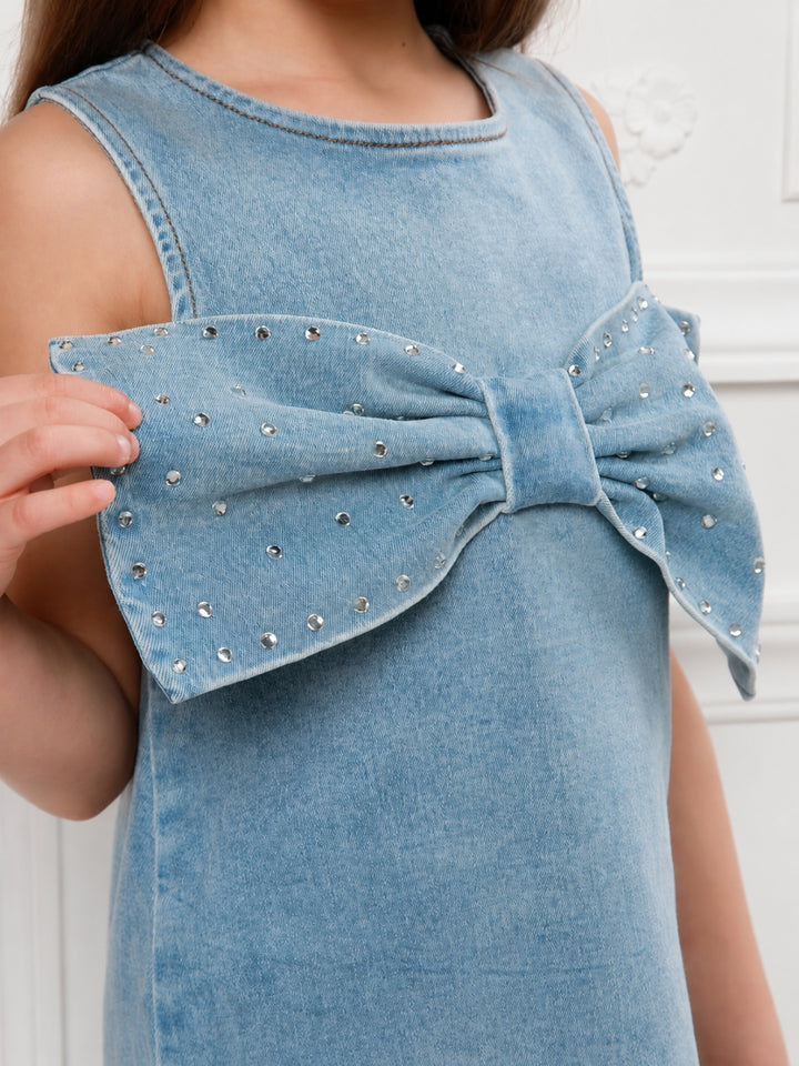 Chic Bow Rhinestone Denim Shift Dress