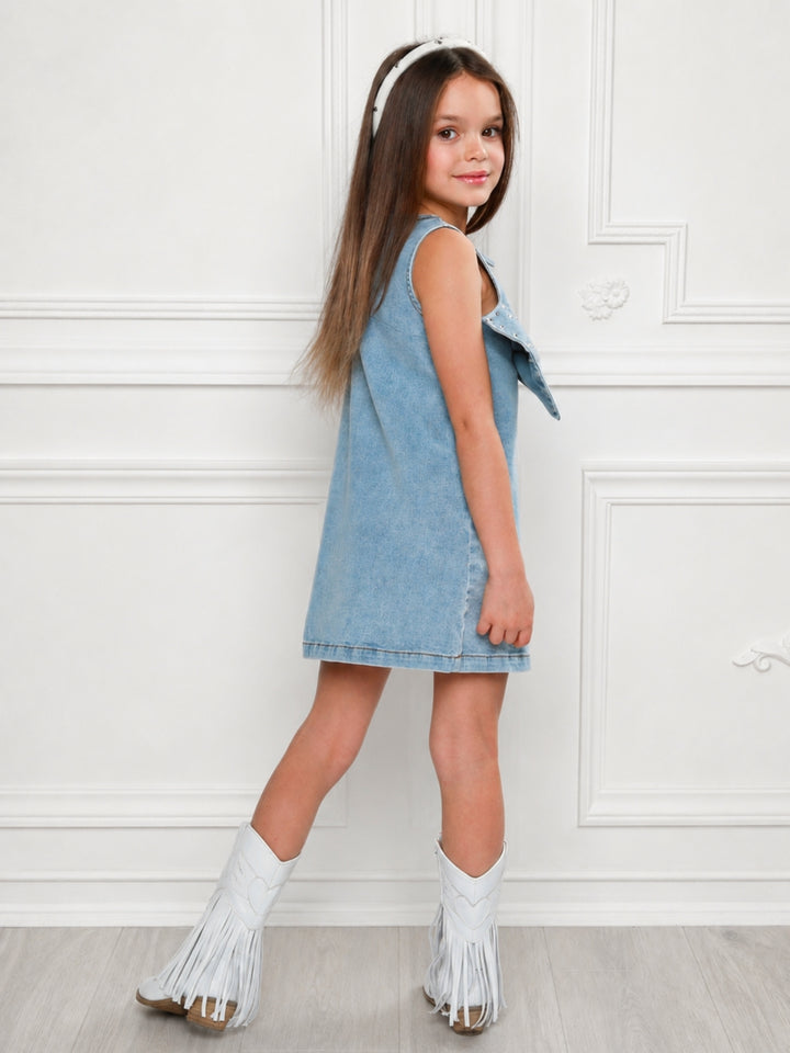 Chic Bow Rhinestone Denim Shift Dress