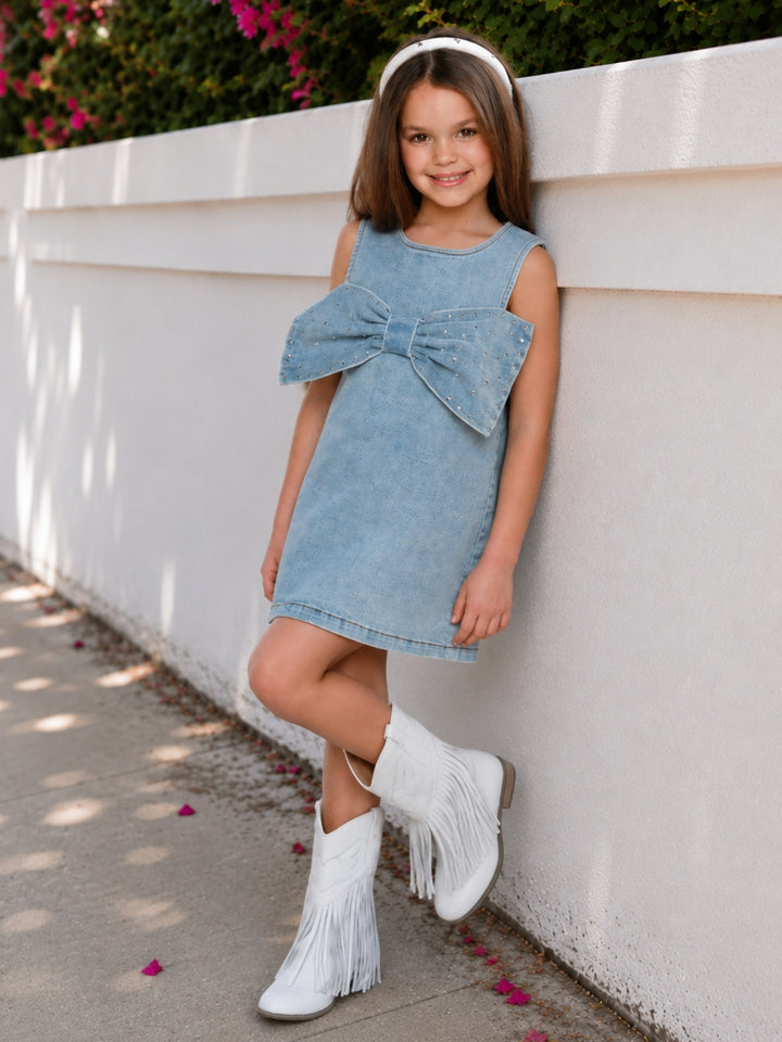 Chic Bow Rhinestone Denim Shift Dress