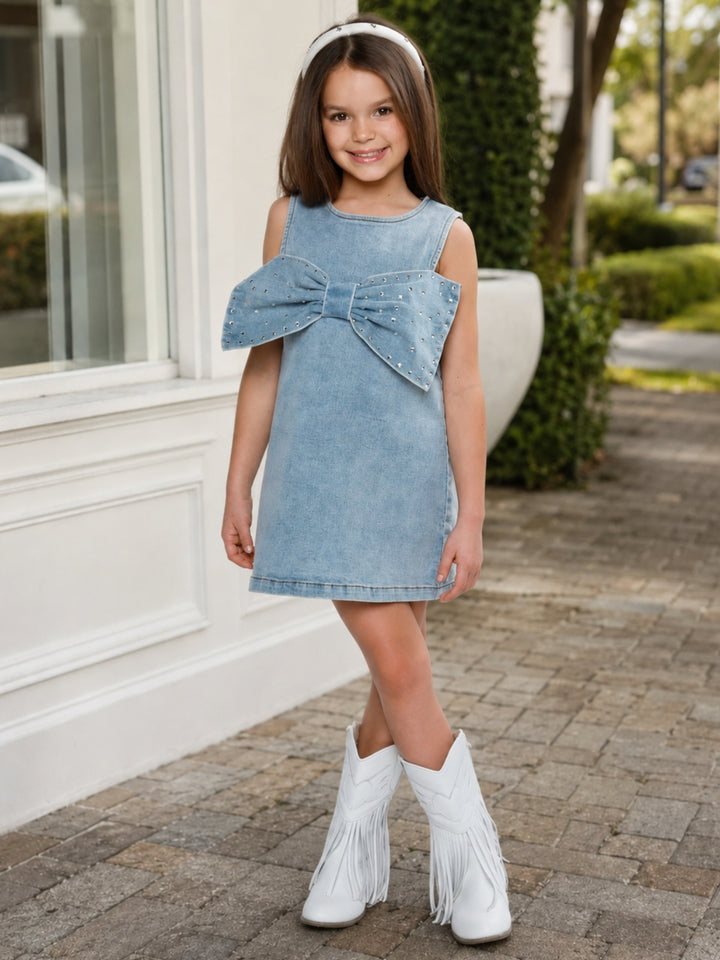 Chic Bow Rhinestone Denim Shift Dress